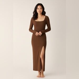 Na-Kd Ribbed Long Sleeve Brown Dress